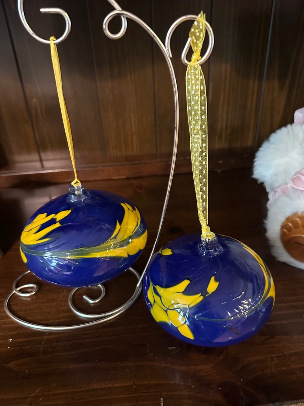Handblown Blue and Yellow Glass Holiday Ornaments - Set of 2